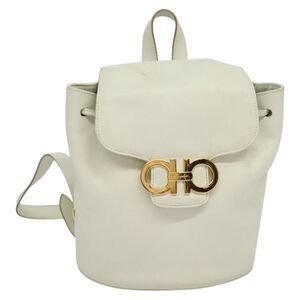 Salvatore Ferragamo Gancini Flap Drawstring Backpack Leather White Leather